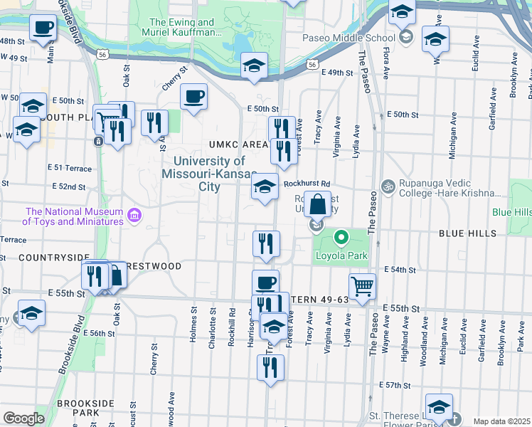 map of restaurants, bars, coffee shops, grocery stores, and more near 5235 Troost Avenue in Kansas City