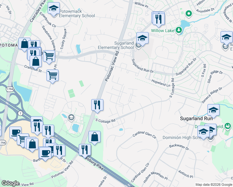map of restaurants, bars, coffee shops, grocery stores, and more near 21102 Twinridge Square in Sterling
