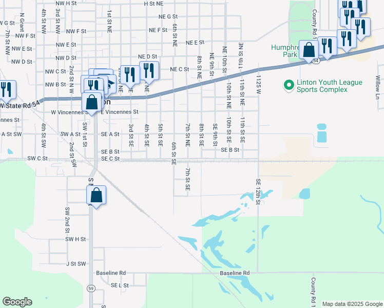 map of restaurants, bars, coffee shops, grocery stores, and more near 239 7th Street Southeast in Linton