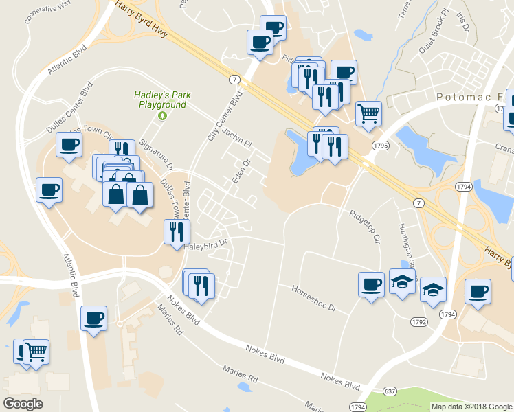map of restaurants, bars, coffee shops, grocery stores, and more near 21156 Angela Square in Sterling