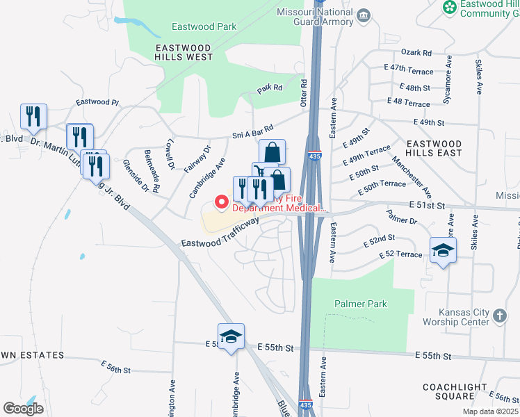 map of restaurants, bars, coffee shops, grocery stores, and more near 6996 Eastwood Trafficway in Kansas City