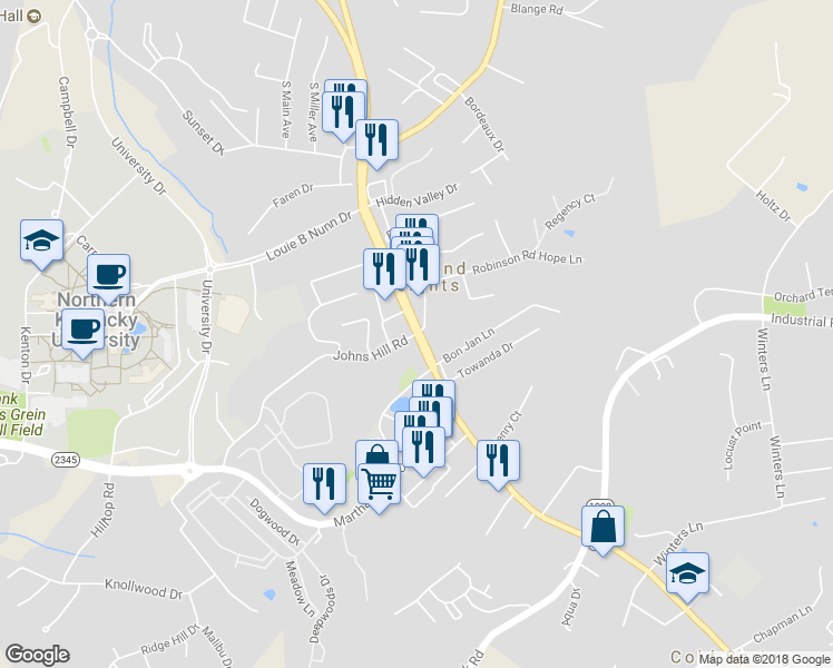 map of restaurants, bars, coffee shops, grocery stores, and more near 0 Johns Hill Road in Highland Heights