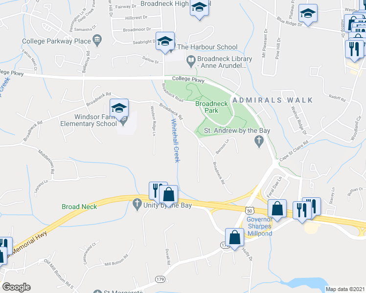 map of restaurants, bars, coffee shops, grocery stores, and more near 605 Broadneck Road in Annapolis