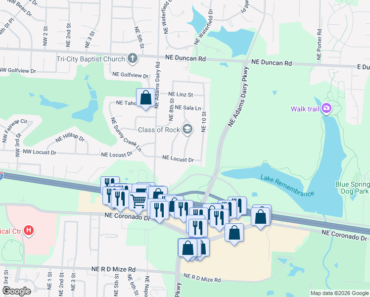 map of restaurants, bars, coffee shops, grocery stores, and more near 1113 Northeast 9th Street Terrace in Blue Springs
