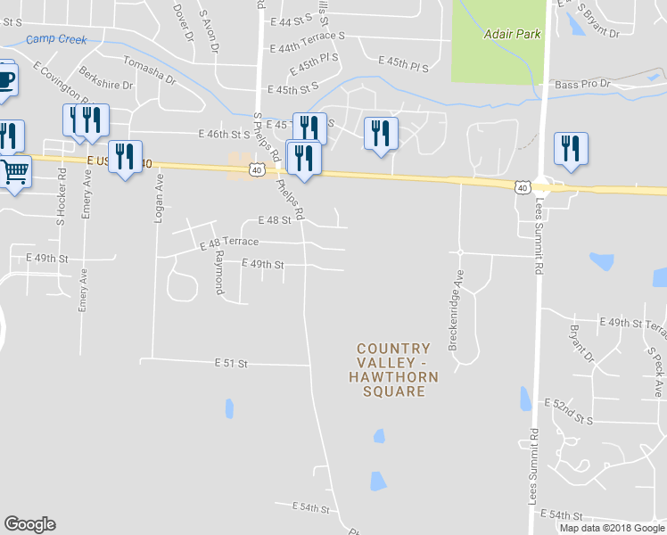 map of restaurants, bars, coffee shops, grocery stores, and more near 15502 East 49th Street in Kansas City