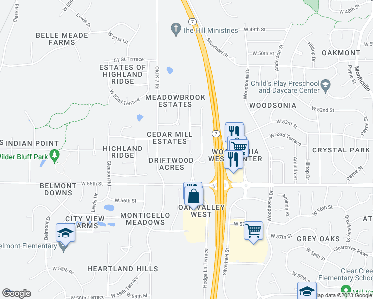 map of restaurants, bars, coffee shops, grocery stores, and more near 5340 Findley Street in Shawnee