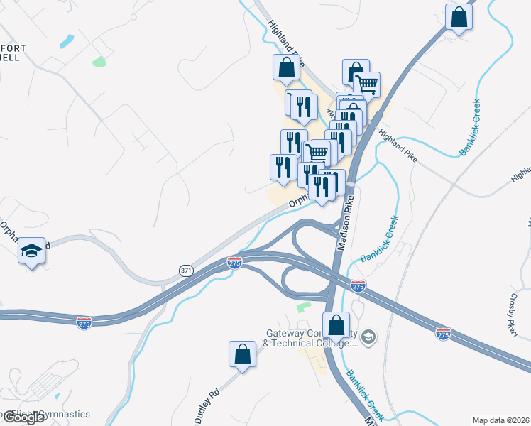map of restaurants, bars, coffee shops, grocery stores, and more near 410 Orphanage Road in Fort Wright