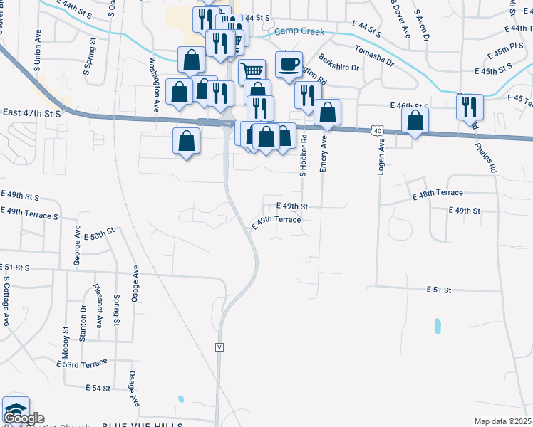 map of restaurants, bars, coffee shops, grocery stores, and more near 14111 East 49th Terrace in Kansas City