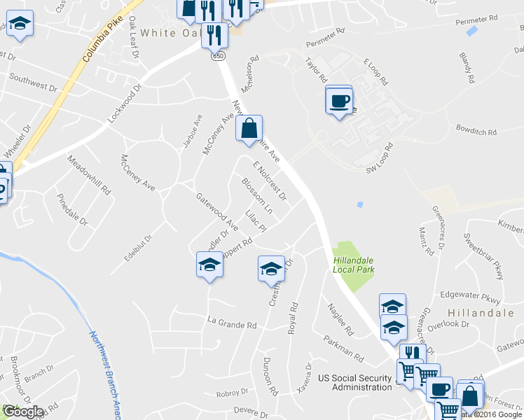 map of restaurants, bars, coffee shops, grocery stores, and more near 10708 Blossom Lane in Silver Spring