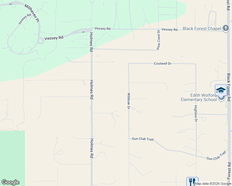 map of restaurants, bars, coffee shops, grocery stores, and more near 13780 Wildoak Drive in Colorado Springs