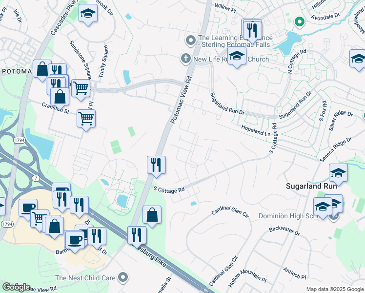map of restaurants, bars, coffee shops, grocery stores, and more near 21108 Twinridge Square in Sterling