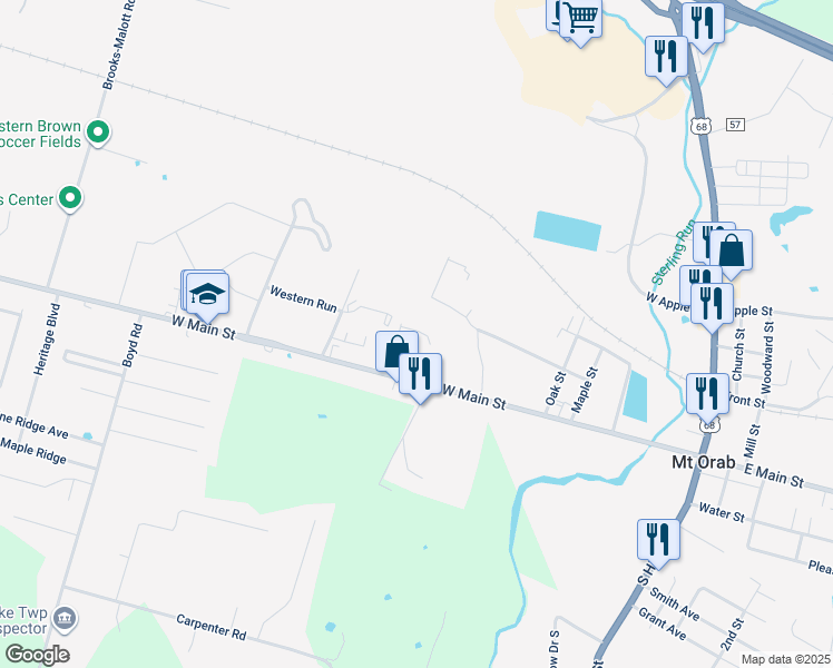 map of restaurants, bars, coffee shops, grocery stores, and more near 1036 Western Avenue in Mount Orab