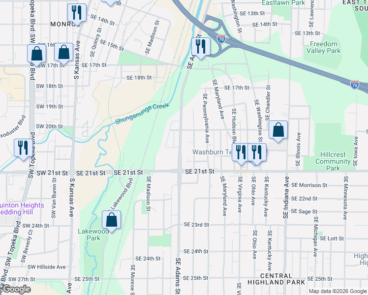 map of restaurants, bars, coffee shops, grocery stores, and more near 1920 Southeast Adams Street in Topeka
