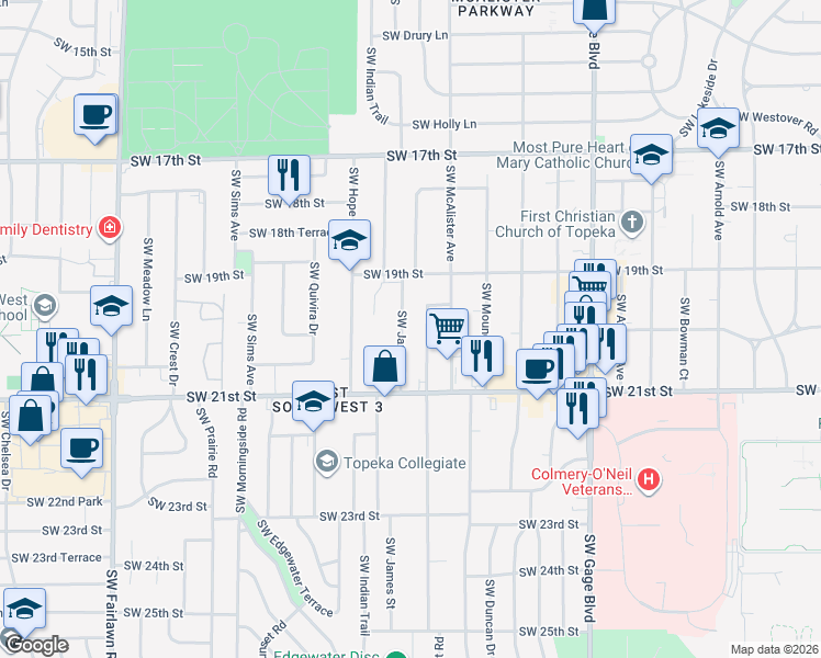 map of restaurants, bars, coffee shops, grocery stores, and more near 1935-1941 Southwest Burnett Road in Topeka