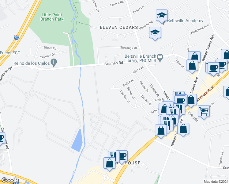 map of restaurants, bars, coffee shops, grocery stores, and more near 4403 Romlon Street in Beltsville