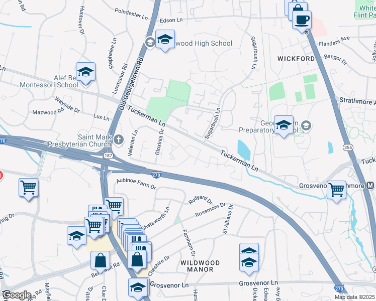 map of restaurants, bars, coffee shops, grocery stores, and more near 5907 Valerian Lane in Rockville