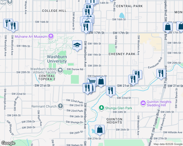 map of restaurants, bars, coffee shops, grocery stores, and more near 2027 Southwest Lane Street in Topeka