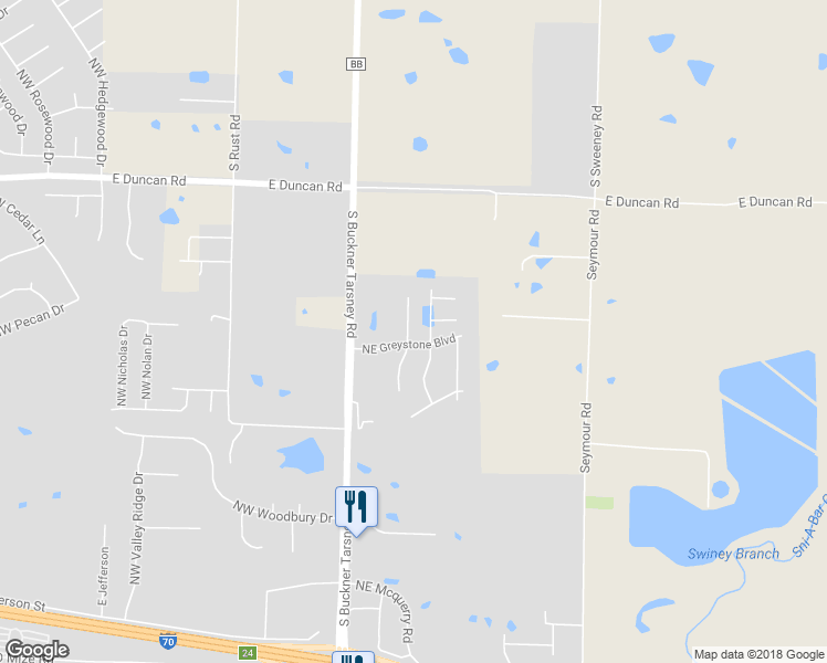 map of restaurants, bars, coffee shops, grocery stores, and more near 1507 Northeast Erin Court in Grain Valley