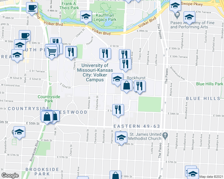 map of restaurants, bars, coffee shops, grocery stores, and more near 5235 Rockhill Road in Kansas City