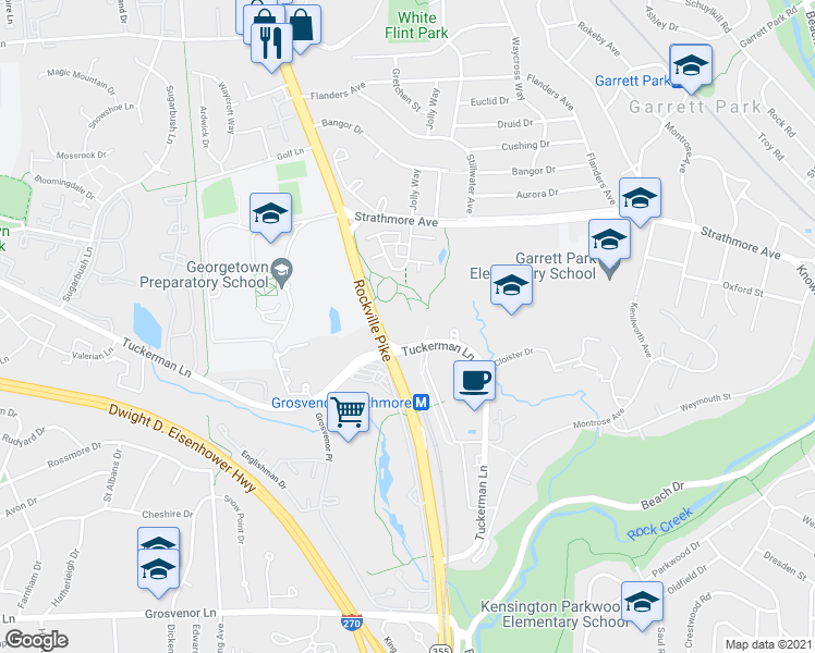 map of restaurants, bars, coffee shops, grocery stores, and more near 10701 Rockville Pike in Rockville