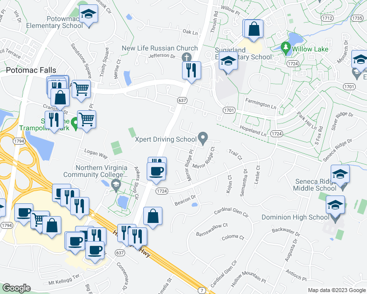 map of restaurants, bars, coffee shops, grocery stores, and more near 21108 Twinridge Square in Sterling