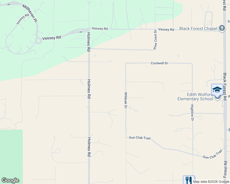 map of restaurants, bars, coffee shops, grocery stores, and more near 13780 Wildoak Drive in Colorado Springs