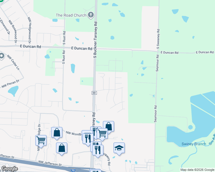 map of restaurants, bars, coffee shops, grocery stores, and more near 1510 Northeast Erin Court in Grain Valley