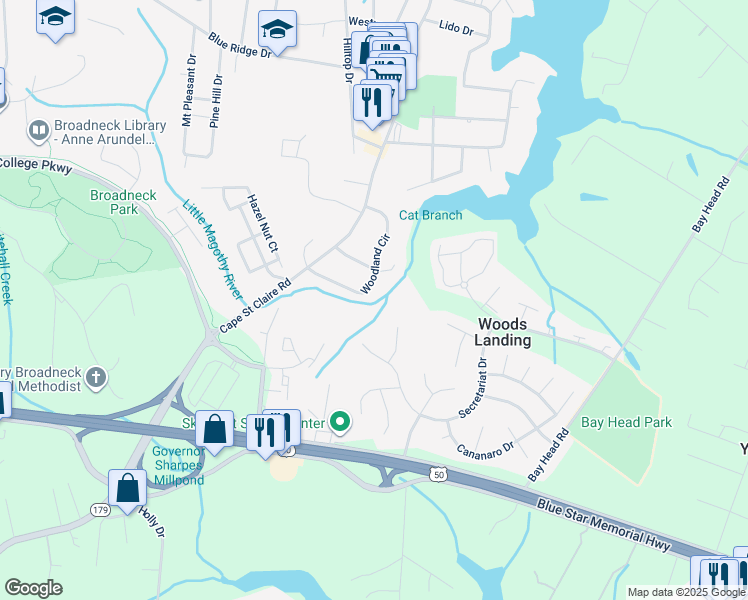map of restaurants, bars, coffee shops, grocery stores, and more near 972 Woodland Circle in Annapolis