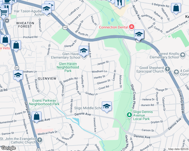 map of restaurants, bars, coffee shops, grocery stores, and more near 10703 Inwood Avenue in Silver Spring