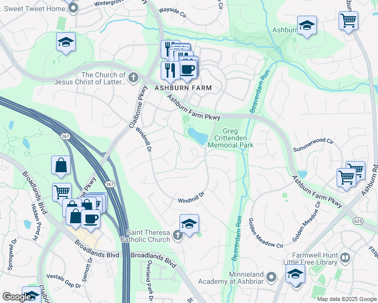map of restaurants, bars, coffee shops, grocery stores, and more near 21124 Dray Terrace in Ashburn