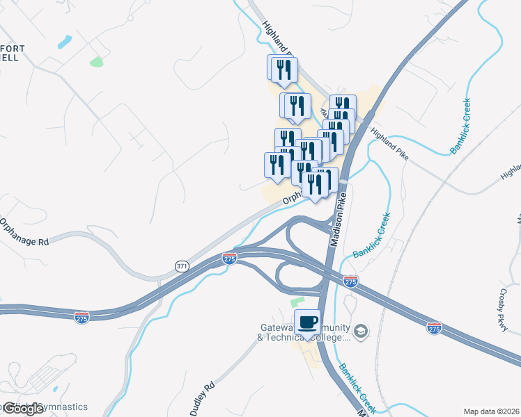 map of restaurants, bars, coffee shops, grocery stores, and more near 410 Orphanage Road in Fort Wright