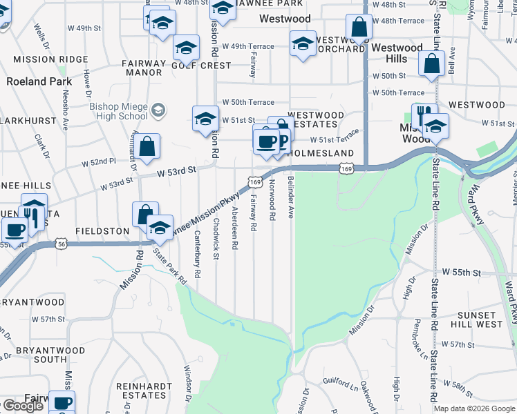 map of restaurants, bars, coffee shops, grocery stores, and more near 5401 Fairway Road in Fairway