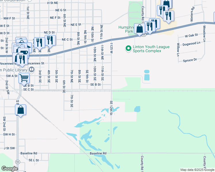 map of restaurants, bars, coffee shops, grocery stores, and more near 1169 Southeast B Street in Linton