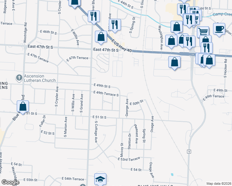 map of restaurants, bars, coffee shops, grocery stores, and more near 13006 East 49th Terrace in Independence
