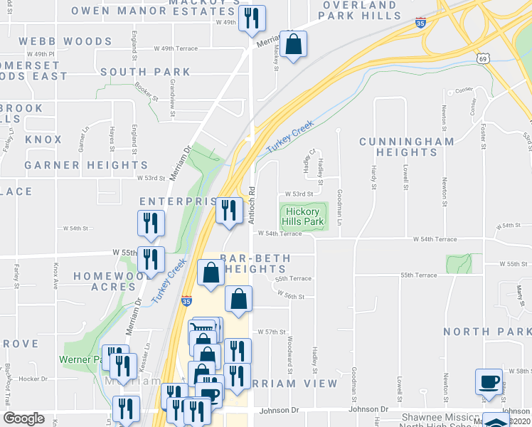 map of restaurants, bars, coffee shops, grocery stores, and more near 5401 Antioch Road in Mission