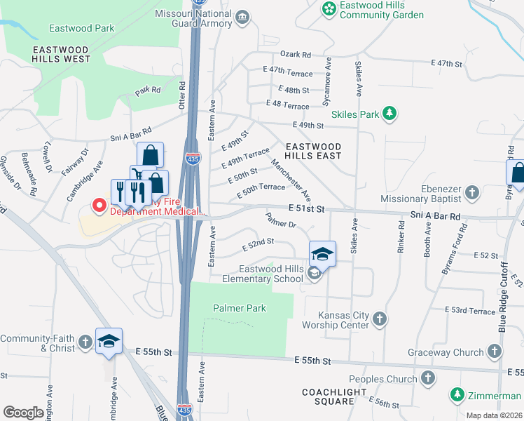 map of restaurants, bars, coffee shops, grocery stores, and more near 5101 Palmer Drive in Kansas City