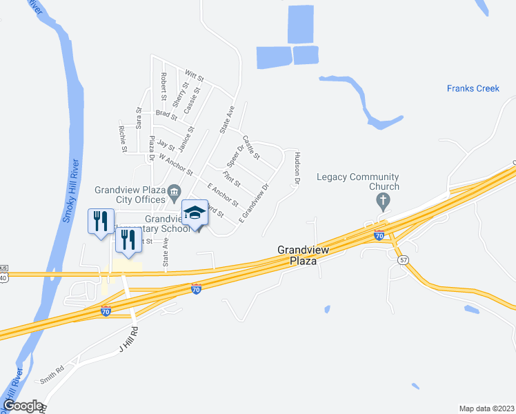 map of restaurants, bars, coffee shops, grocery stores, and more near 191 East Grandview Drive in Junction City