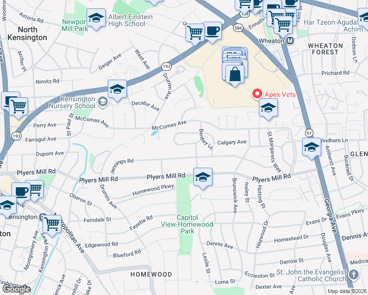 map of restaurants, bars, coffee shops, grocery stores, and more near 2810 Jutland Road in Kensington