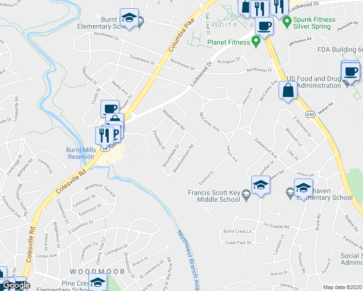 map of restaurants, bars, coffee shops, grocery stores, and more near 10707 Woodsdale Drive in Silver Spring