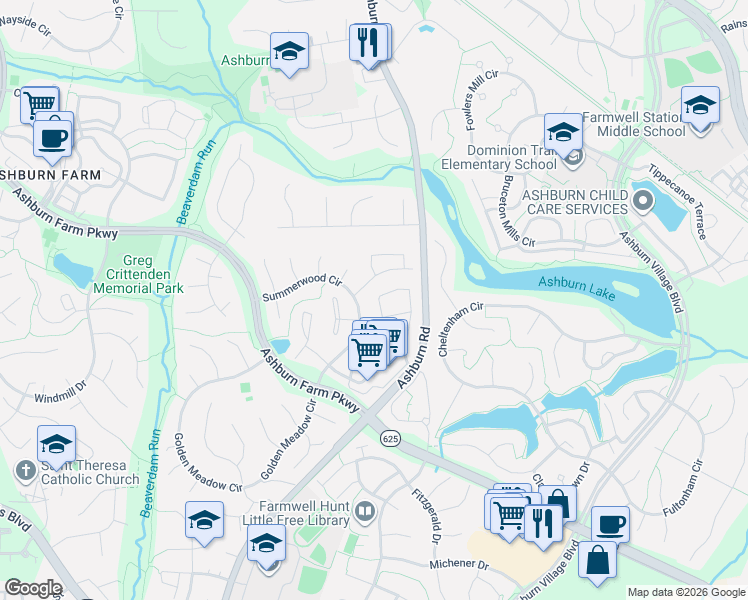 map of restaurants, bars, coffee shops, grocery stores, and more near 21113 Crocus Terrace in Ashburn
