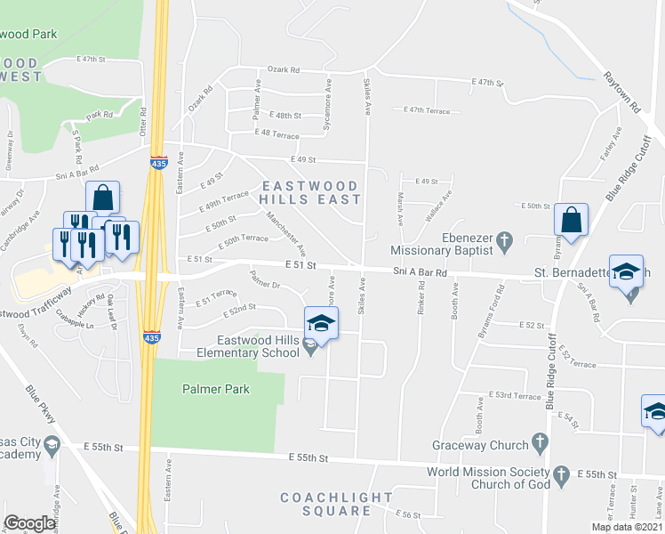 map of restaurants, bars, coffee shops, grocery stores, and more near Sycamore Avenue in Kansas City