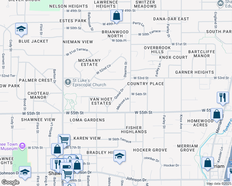 map of restaurants, bars, coffee shops, grocery stores, and more near 10403 West 53rd Street in Shawnee