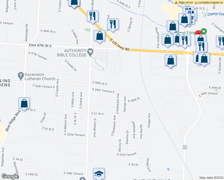map of restaurants, bars, coffee shops, grocery stores, and more near 13006 East 49th Terrace in Independence