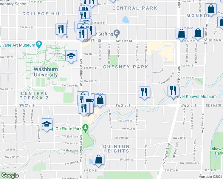 map of restaurants, bars, coffee shops, grocery stores, and more near 2024 Southwest Buchanan Street in Topeka