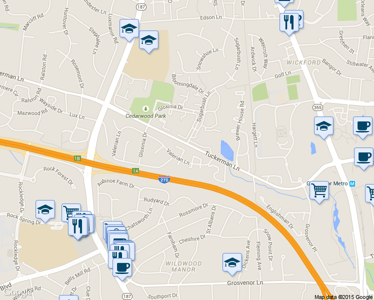 map of restaurants, bars, coffee shops, grocery stores, and more near 10721 Mist Haven Terrace in Rockville