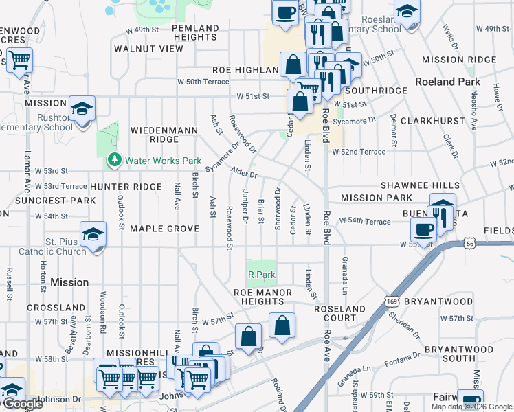 map of restaurants, bars, coffee shops, grocery stores, and more near 5346 Briar Street in Roeland Park