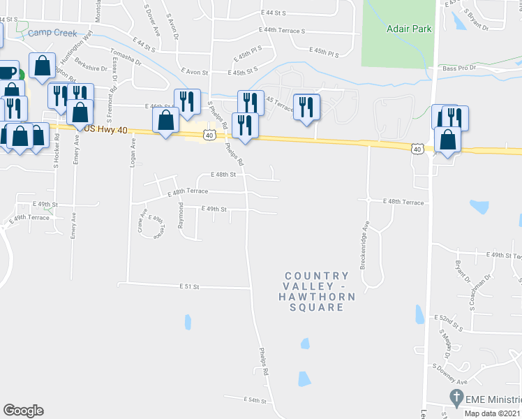 map of restaurants, bars, coffee shops, grocery stores, and more near 15410 East 49th Street in Kansas City