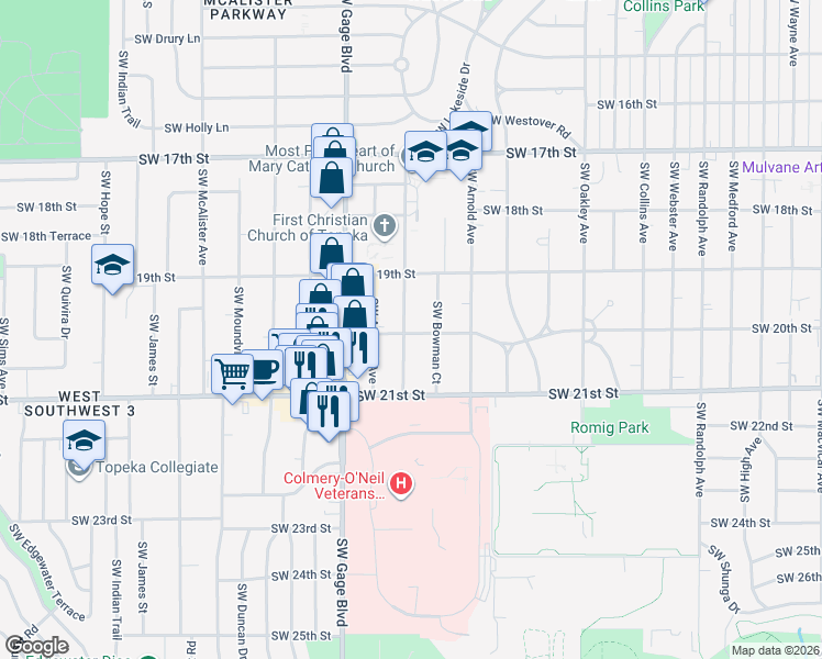 map of restaurants, bars, coffee shops, grocery stores, and more near 1948 Southwest Stone Avenue in Topeka