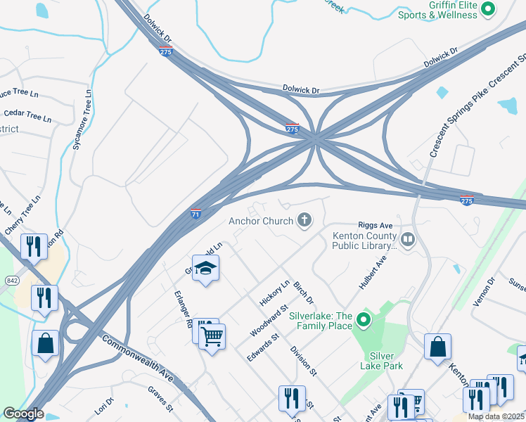 map of restaurants, bars, coffee shops, grocery stores, and more near 534 Rosary Drive in Erlanger
