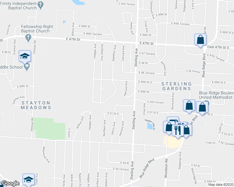 map of restaurants, bars, coffee shops, grocery stores, and more near 4913 Appleton Avenue in Kansas City